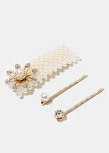 Load image into Gallery viewer, 3-Piece Pearl &amp; Rhinestone Flower Hair Pins

